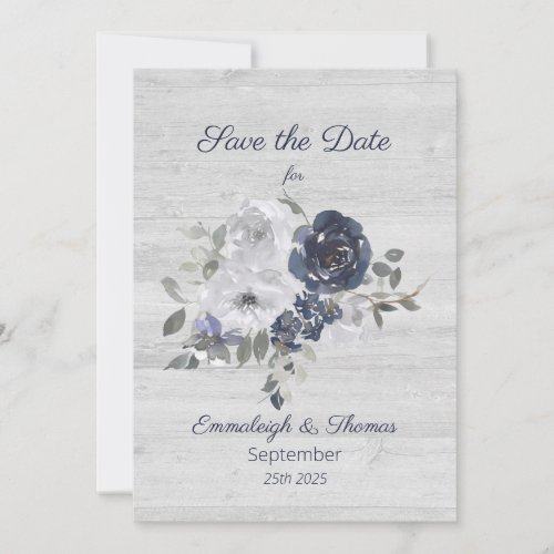 Navy Blue Silver Watercolor Floral Save the Date