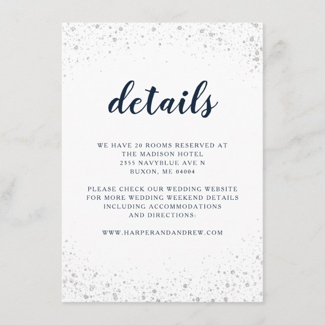 Navy Blue Silver Wedding Details Enclosure Card (Front)