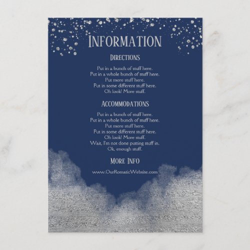 Navy Blue Silver Wedding Information Details Enclosure Card