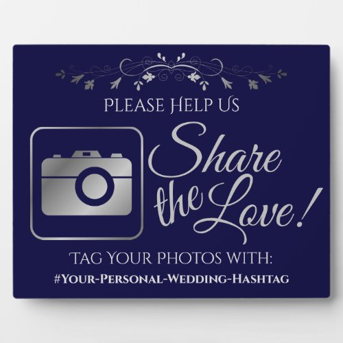 Navy Blue Silver Wedding Photo Share Hashtag Sign Plaque