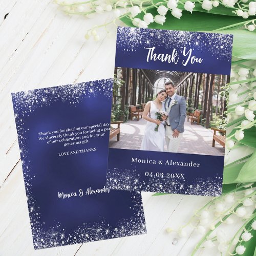 Navy blue silver wedding photo thank you card