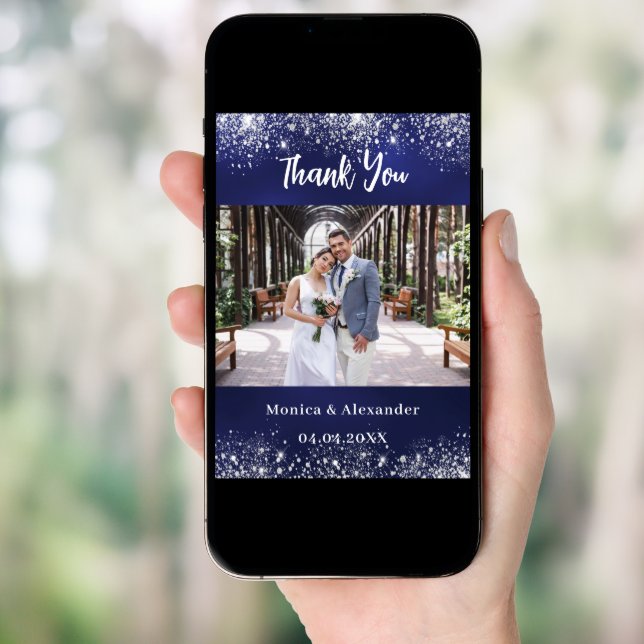 Navy blue silver wedding photo thank you card (Front Digital)