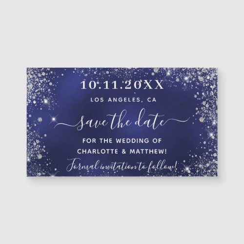 Navy blue silver wedding save the date magnet