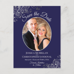 Navy Blue & Silver Wedding Save the Date Photo Announcement Postcard