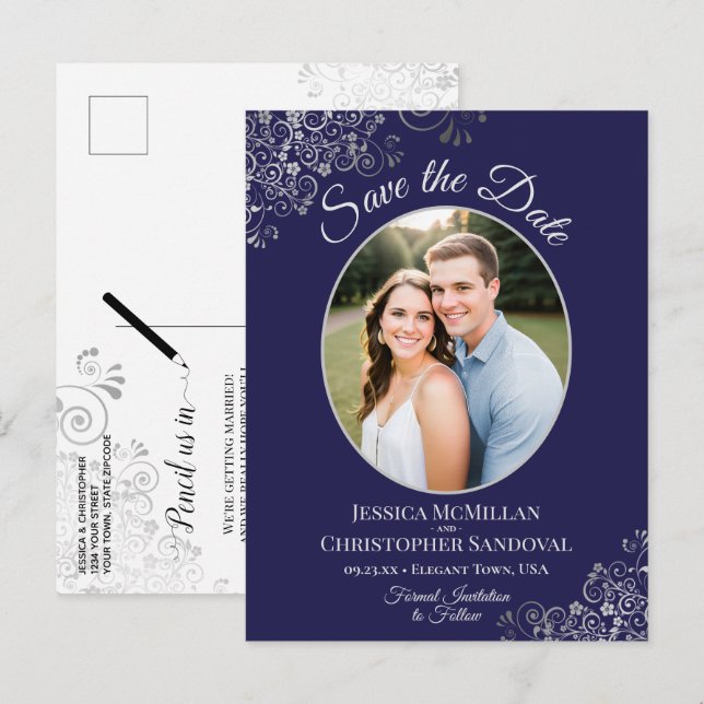Navy Blue & Silver Wedding Save the Date Photo Announcement Postcard (Front/Back)