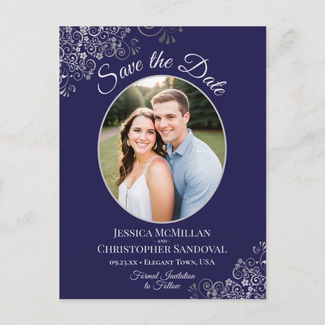 Navy Blue & Silver Wedding Save the Date Photo Announcement Postcard (Front)