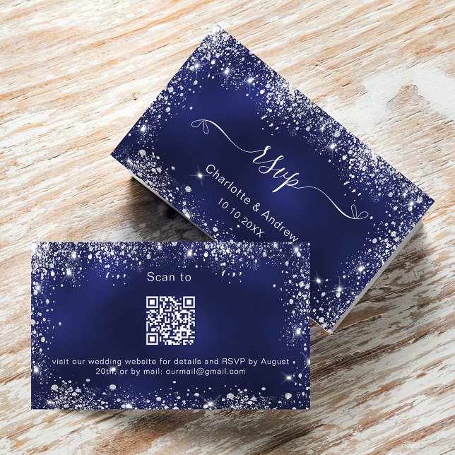 Navy blue silver wedding website RSVP QR code Enclosure Card (Creator Uploaded)