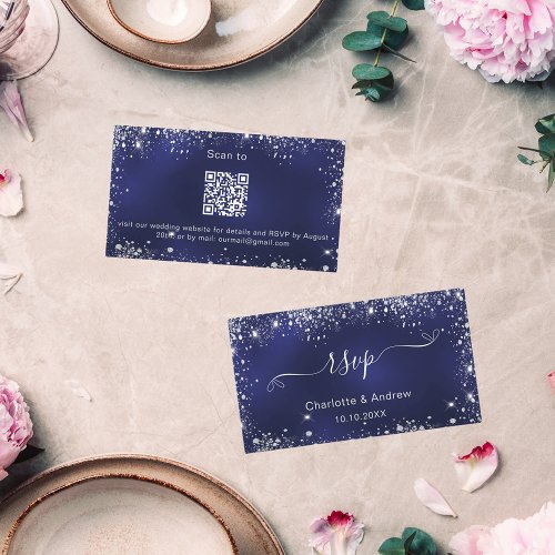 Navy blue silver wedding website RSVP QR code Enclosure Card