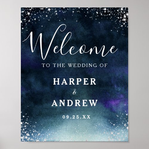 Navy Blue Silver Wedding Welcome Sign