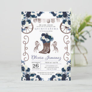 Navy Blue Silver Western Charra Boots Quinceañera Invitation