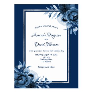 Navy blue silver white florals wedding invitation postcard