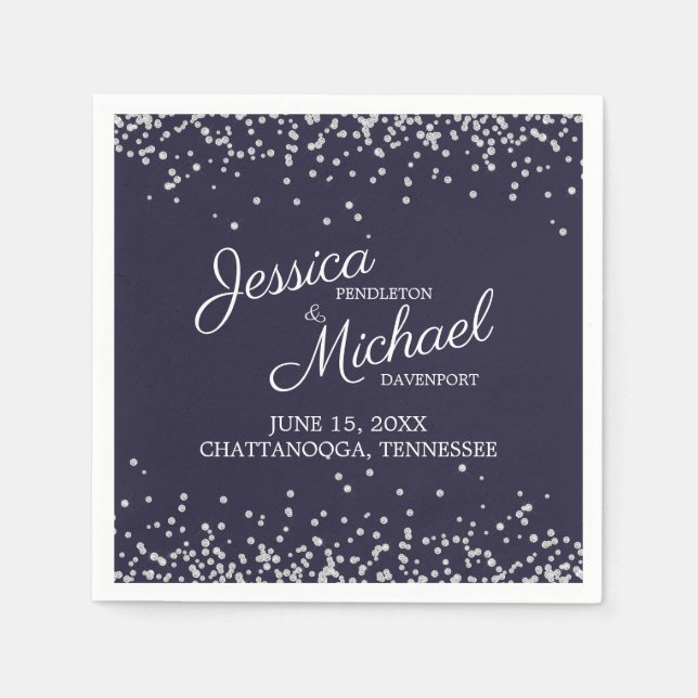 Navy Blue Silver White Glitter Wedding Reception Napkins (Front)