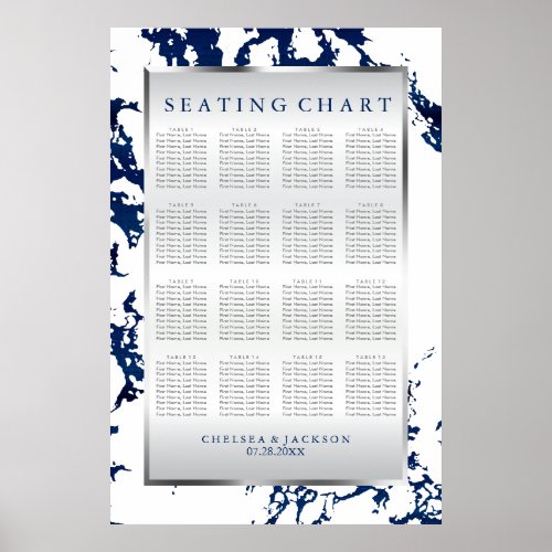 Navy Blue Silver  White Satin _ 16 Tables Poster