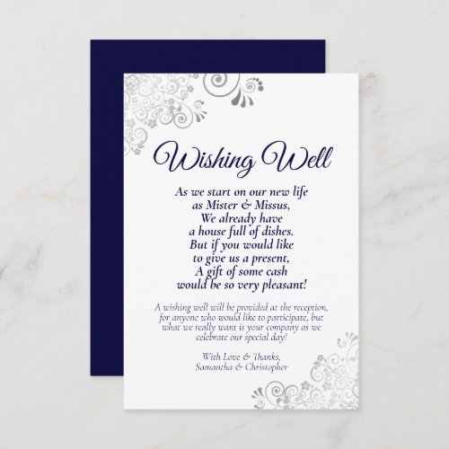 Navy Blue  Silver White Wedding Wishing Well Poem Enclosure Card
