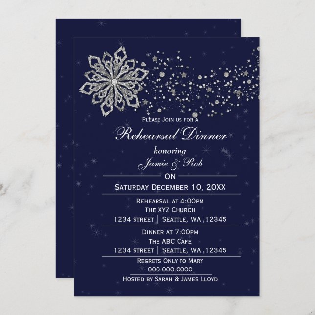 Navy Blue Silver Winter Rehearsal Dinner invite (Front/Back)