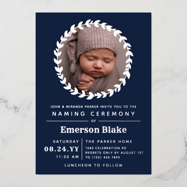 Navy Blue Silver Wreath Baby Photo Naming Ceremony Foil Invitation (Front)