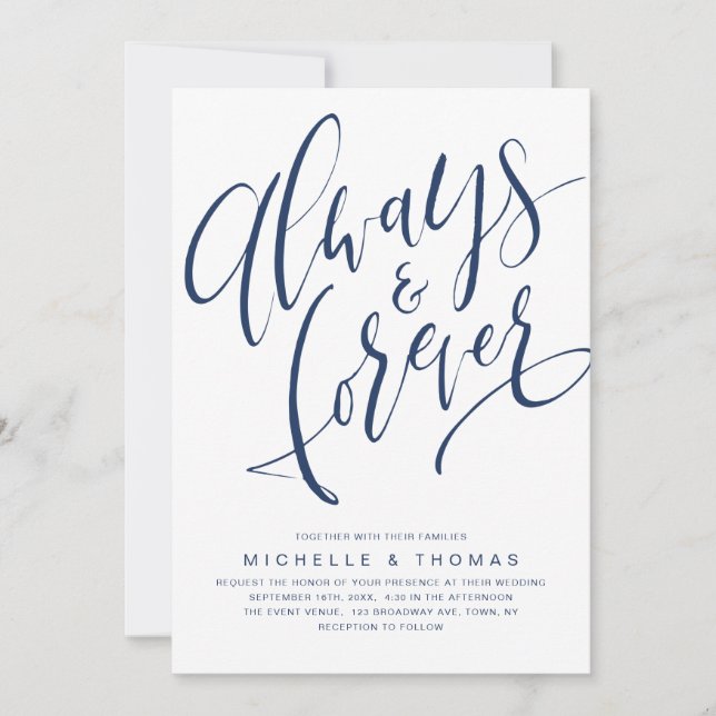 Navy Blue Simple Always And Forever Script Wedding Invitation (Front)