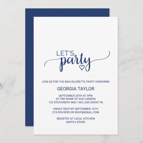 Navy Blue Simple Calligraphy Bachelorette Party Invitation