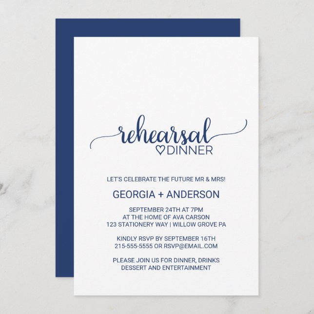 Navy Blue Simple Calligraphy Rehearsal Dinner Invitation (Front/Back)