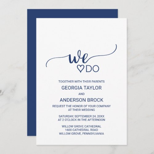 Navy Blue Simple Calligraphy We Do Wedding Invitation