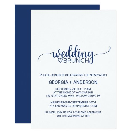 Navy Blue Simple Calligraphy Wedding Brunch Invitation