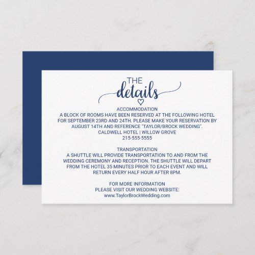 Navy Blue Simple Calligraphy Wedding Details Card