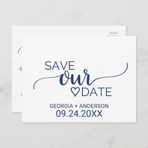 Navy Blue Simple Calligraphy Wedding Save the Date Announcement Postcard