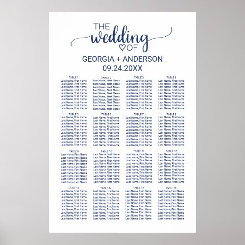 Navy Blue Simple Calligraphy Wedding Seating Chart
