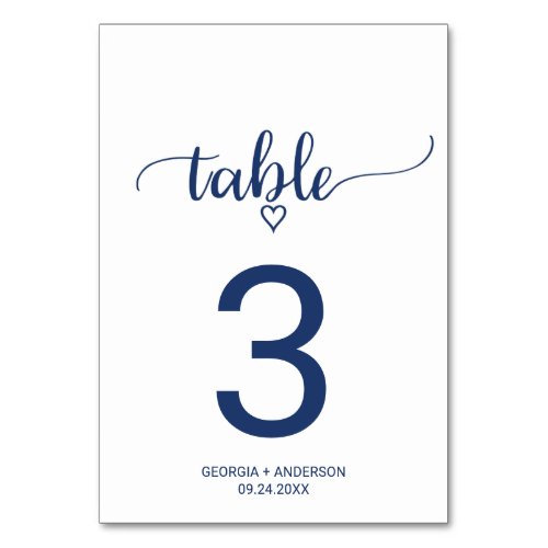 Navy Blue Simple Calligraphy Wedding Table Number