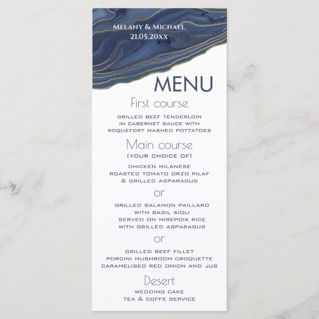 Navy blue simple chic agate romantic elegant menu (Front)
