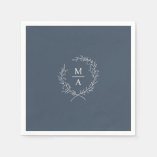Navy Blue Simple Elegant Laurel Wreath Monogram Napkins