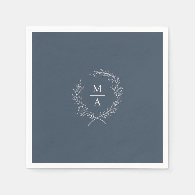 Navy Blue Simple Elegant Laurel Wreath Monogram Napkins (Front)