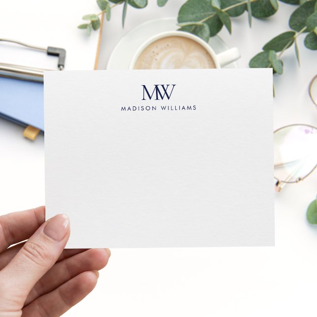 Navy Blue Simple Elegant Modern Monogram Note Card (Creator Uploaded)