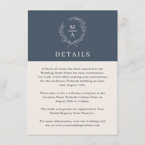 Navy Blue Simple Elegant Monogram Details Enclosure Card