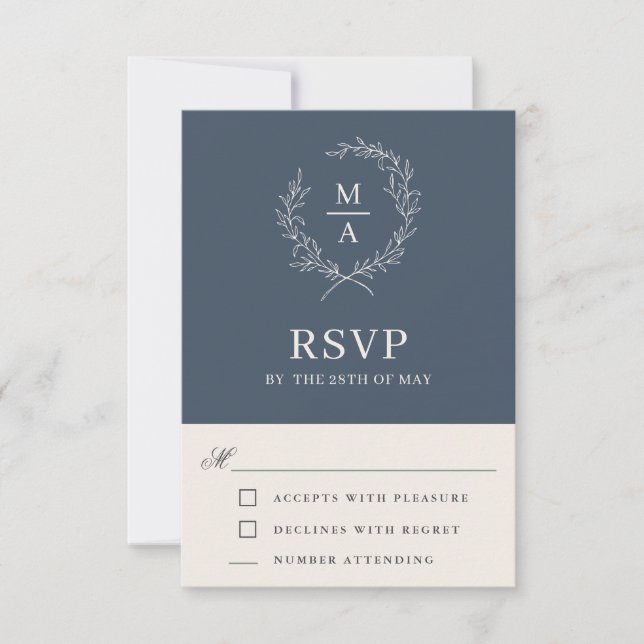Navy Blue Simple Elegant Monogram RSVP Card (Front)