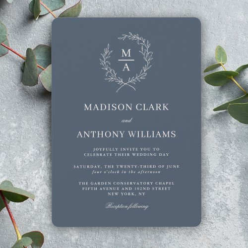 Navy Blue Simple Elegant Monogram Wedding Invitation