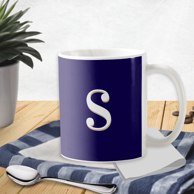 Navy Blue Simple Elegant Monogrammed Initial Coffee Mug (A stylish monogrammed coffee mug, in dark navy blue with white custom initial on both sides)
