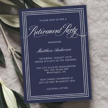 Navy Blue Simple Elegant Retirement Party Invitation by DancingPelican at Zazzle