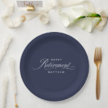 Navy Blue Simple Elegant Retirement Party Paper Plates<br><div class="desc">This classic retirement party paper plate personalized with the honoree's name is both simple and elegant. The word "Retirement " is written in elegant script calligraphy paired with a simple sans serif font. Shown here in navy blue with white text, personalize the easy-to-use text template with the guest of honor's...</div>