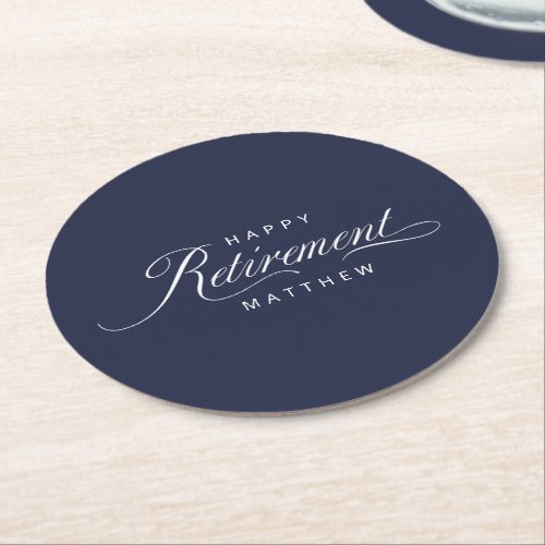 Navy Blue Simple Elegant Retirement Party Round Paper Coaster