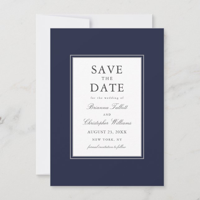Navy Blue Simple Elegant Save the Date with Photo (Front)