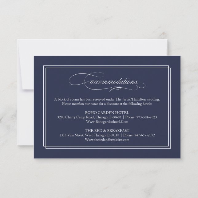 Navy Blue Simple Elegant Wedding Accommodations RSVP Card (Front)