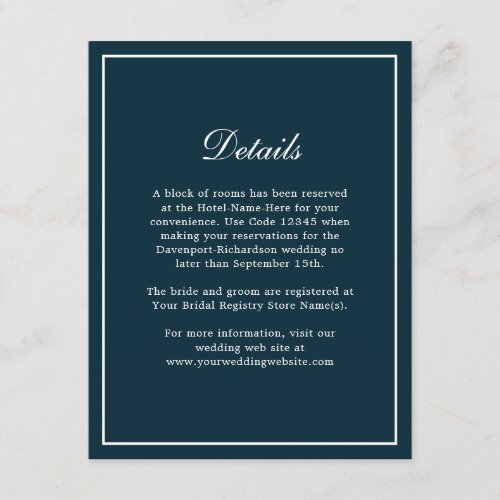 Navy Blue Simple Elegant Wedding Info Details Enclosure Card
