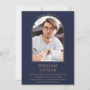 Navy Blue Simple Gold Arch Photo Graduation Party Invitation