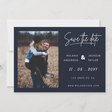 Navy Blue Simple Handwritten Photo Save The Date