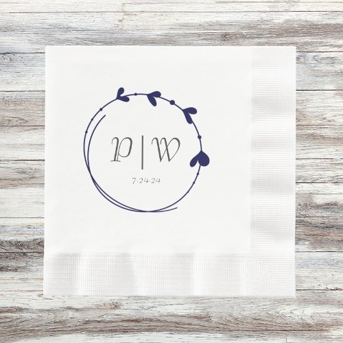 Navy Blue Simple Heart Wreath Initials Wedding Napkins