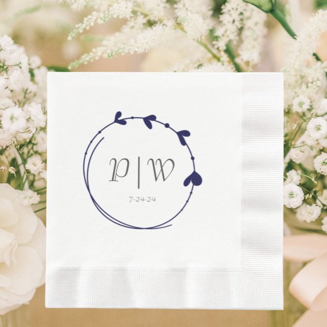 Navy Blue Simple Heart Wreath Monogram Wedding Napkins (In Situ Wedding)