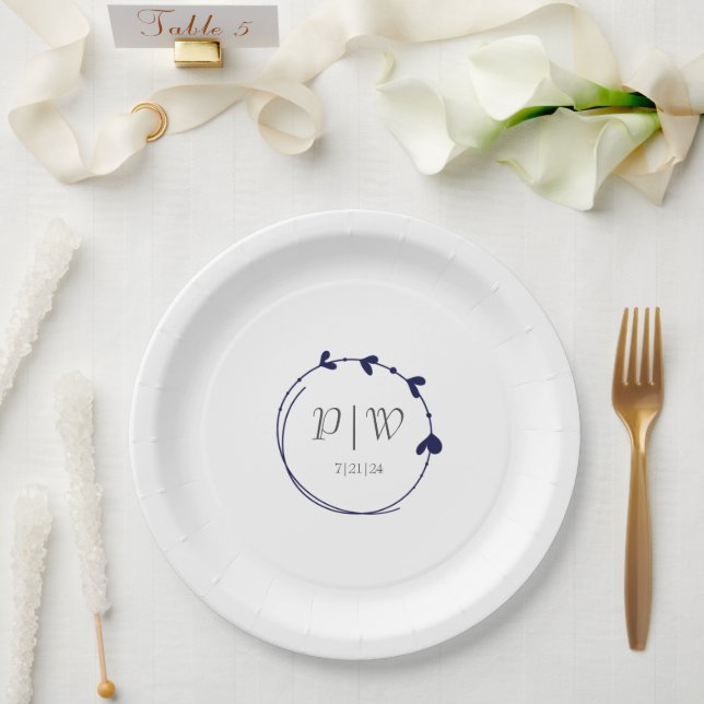 Navy Blue Simple Heart Wreath Monogram Wedding Paper Plates (Wedding)