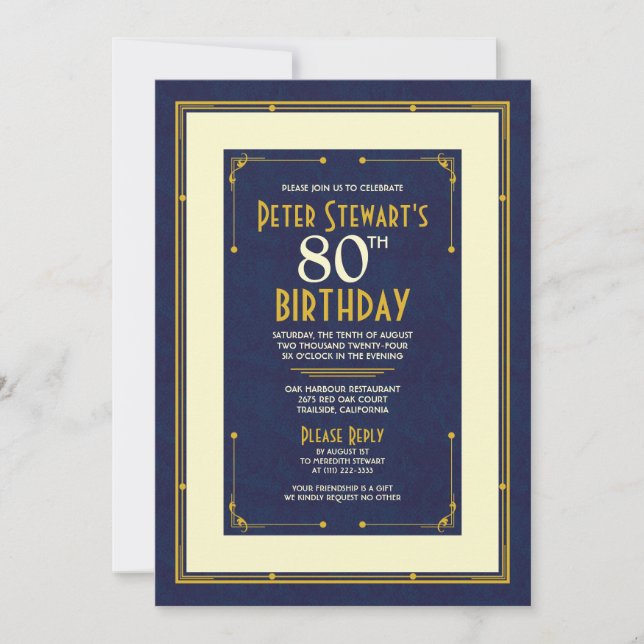 Navy Blue Simple Man's Classic 80th Birthday Invitation (Front)