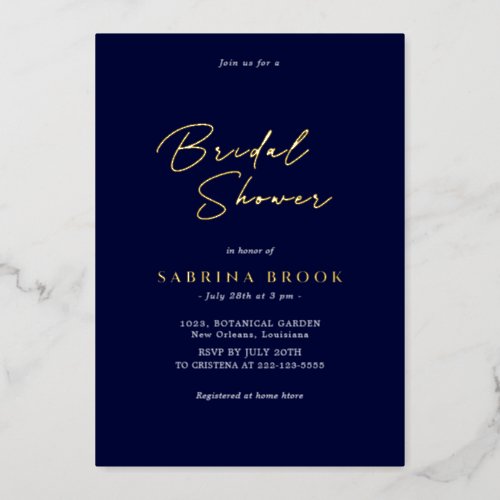 Navy Blue   Simple Minimalist Bridal Shower  Foil Invitation